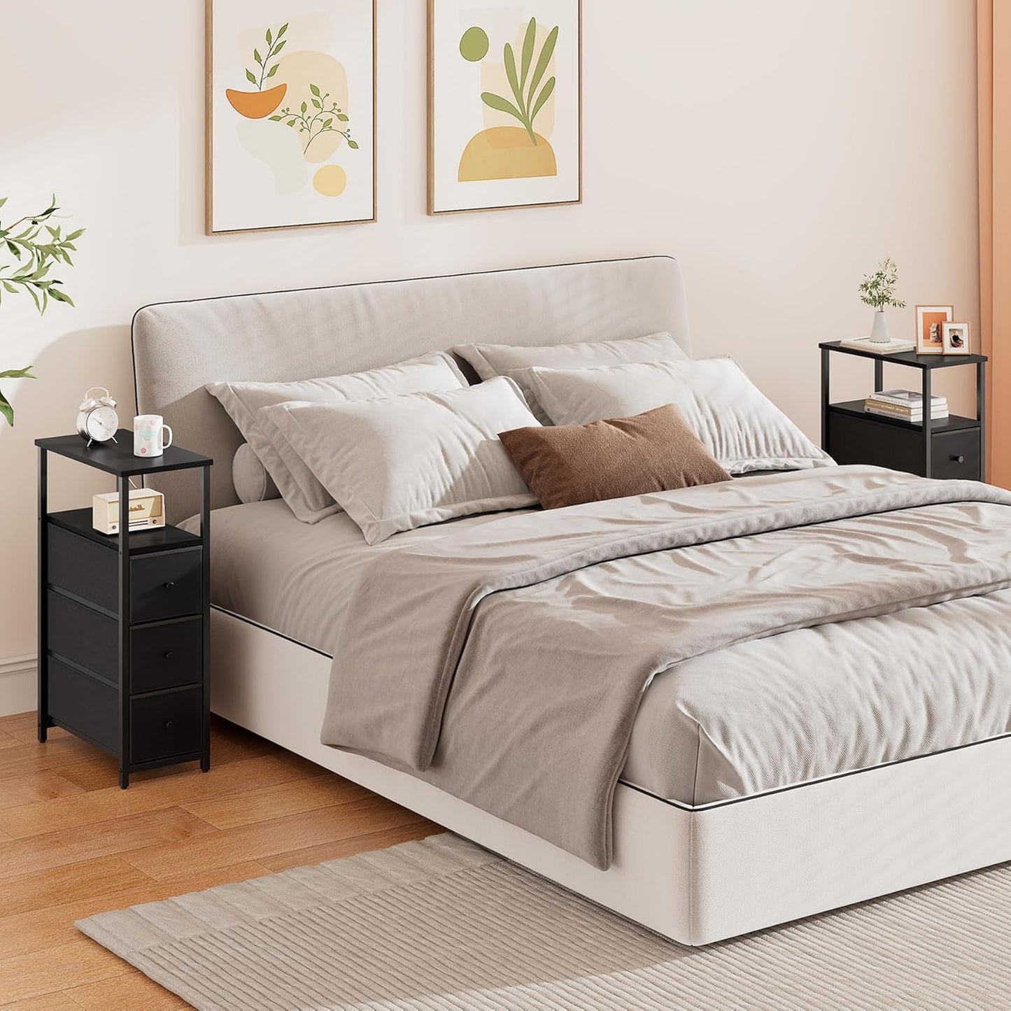 TUTOTAK Narrow Night Stand, Slim End Table, Tall Side Table with 3 Fabric Drawer, Small Bedside