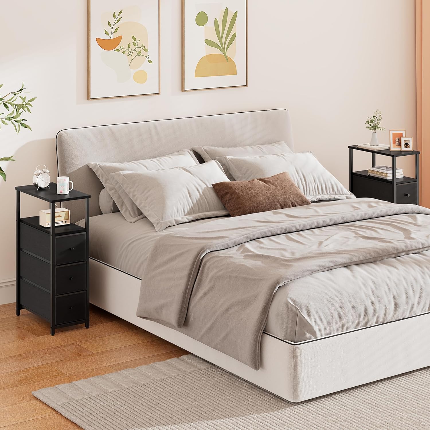 TUTOTAK Narrow Night Stand, Slim End Table, Tall Side Table with 3 Fabric Drawer, Small Bedside