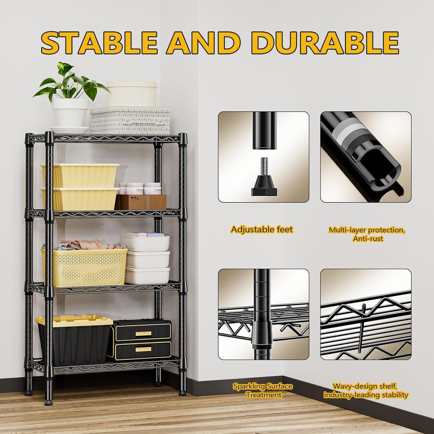 1000 lbs 4 Tier Shelf Metal Storage Shelves Wire Rack Closet Organizers for Garage Kitchen Bathroom