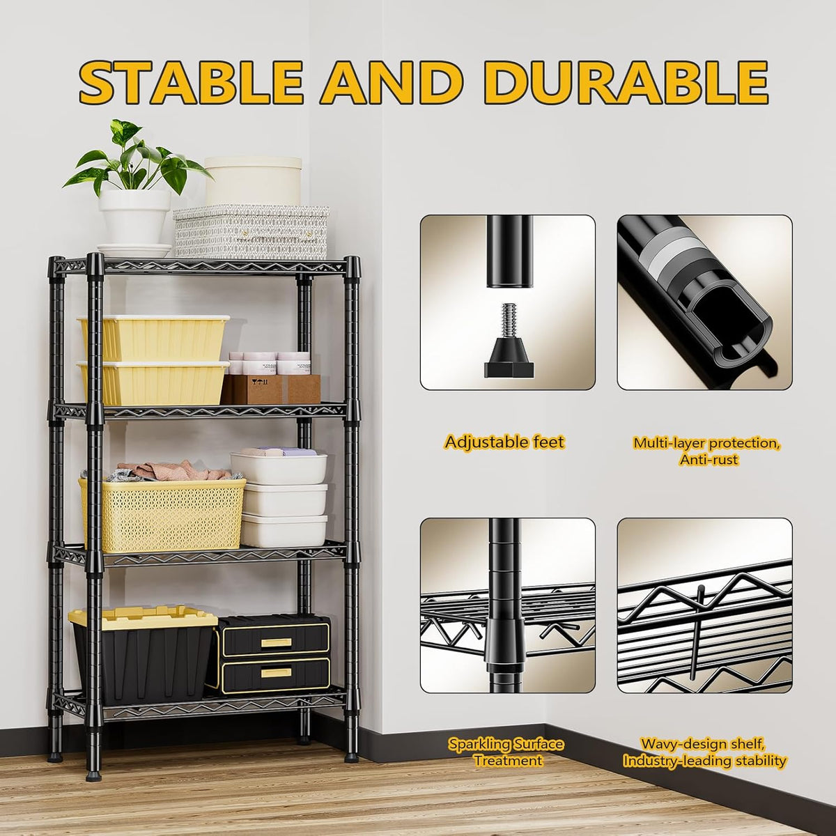 1000 lbs 4 Tier Shelf Metal Storage Shelves Wire Rack Closet Organizers for Garage Kitchen Bathroom