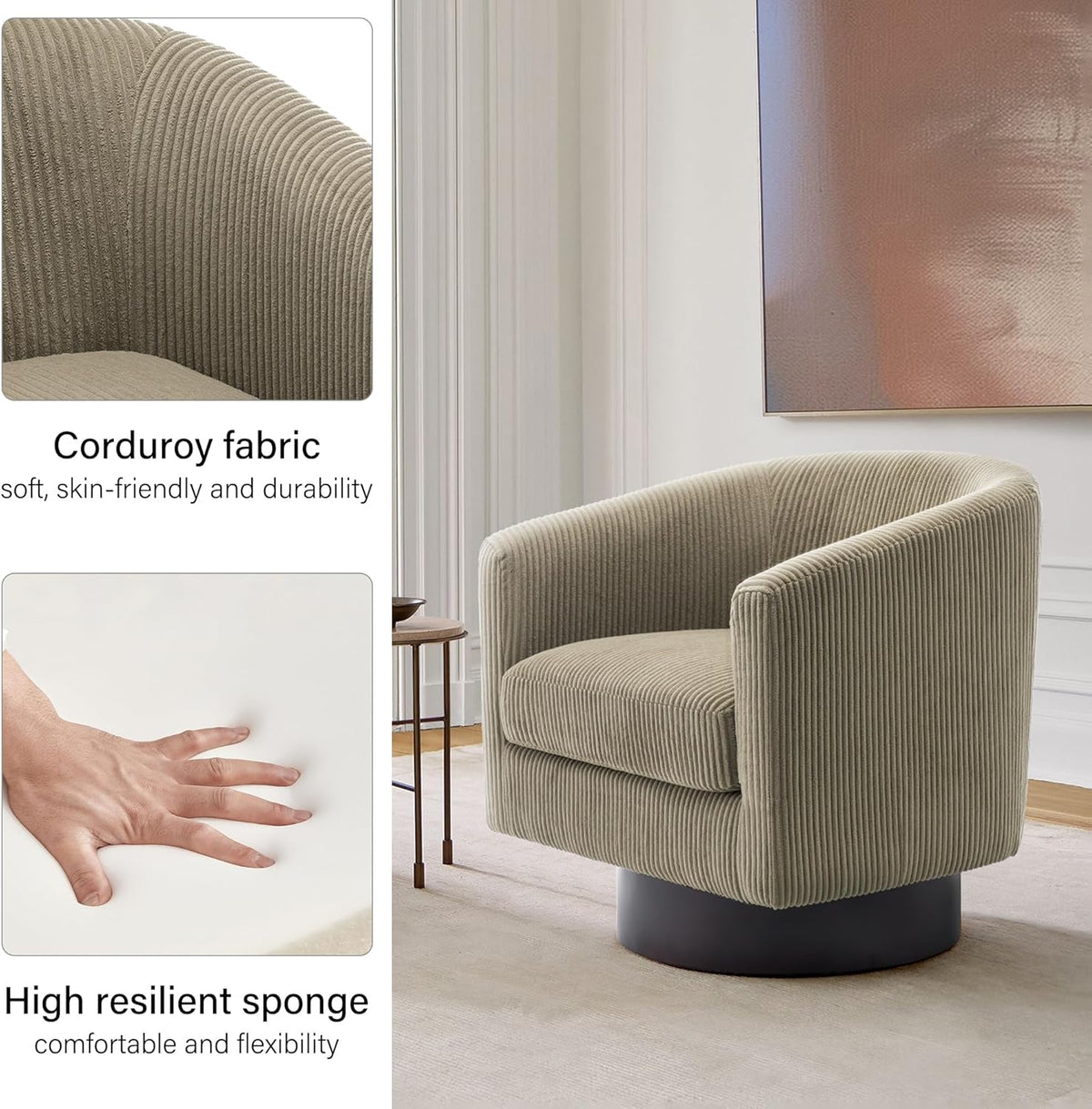 Swivel Barrel Accent Chair, Modern Round Corduroy Fabric Arm Chair for Living Room, Bedroom, Comfy