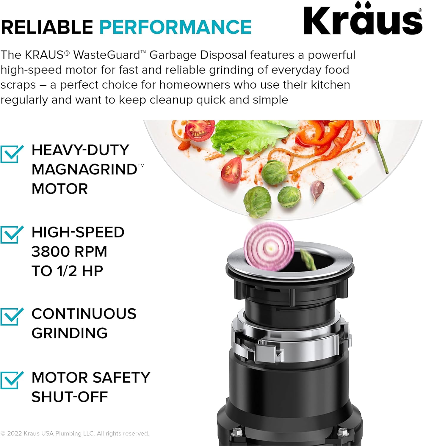 KRAUS WasteGuard 1/2 HP Continuous Feed Ultra-Quiet Motor Garbage Disposal with Quick Connect