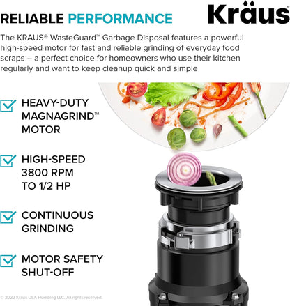 KRAUS WasteGuard 1/2 HP Continuous Feed Ultra-Quiet Motor Garbage Disposal with Quick Connect