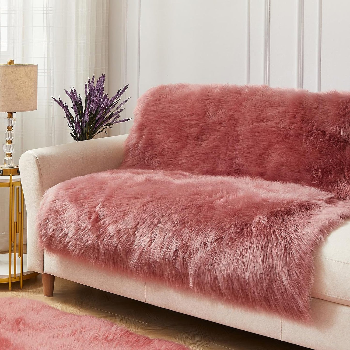 AMTOVO Faux Fur Sheepskin Rug for Living Room, 4 x 6 ft Blush Pink Fluffy Area Rug for Bedroom