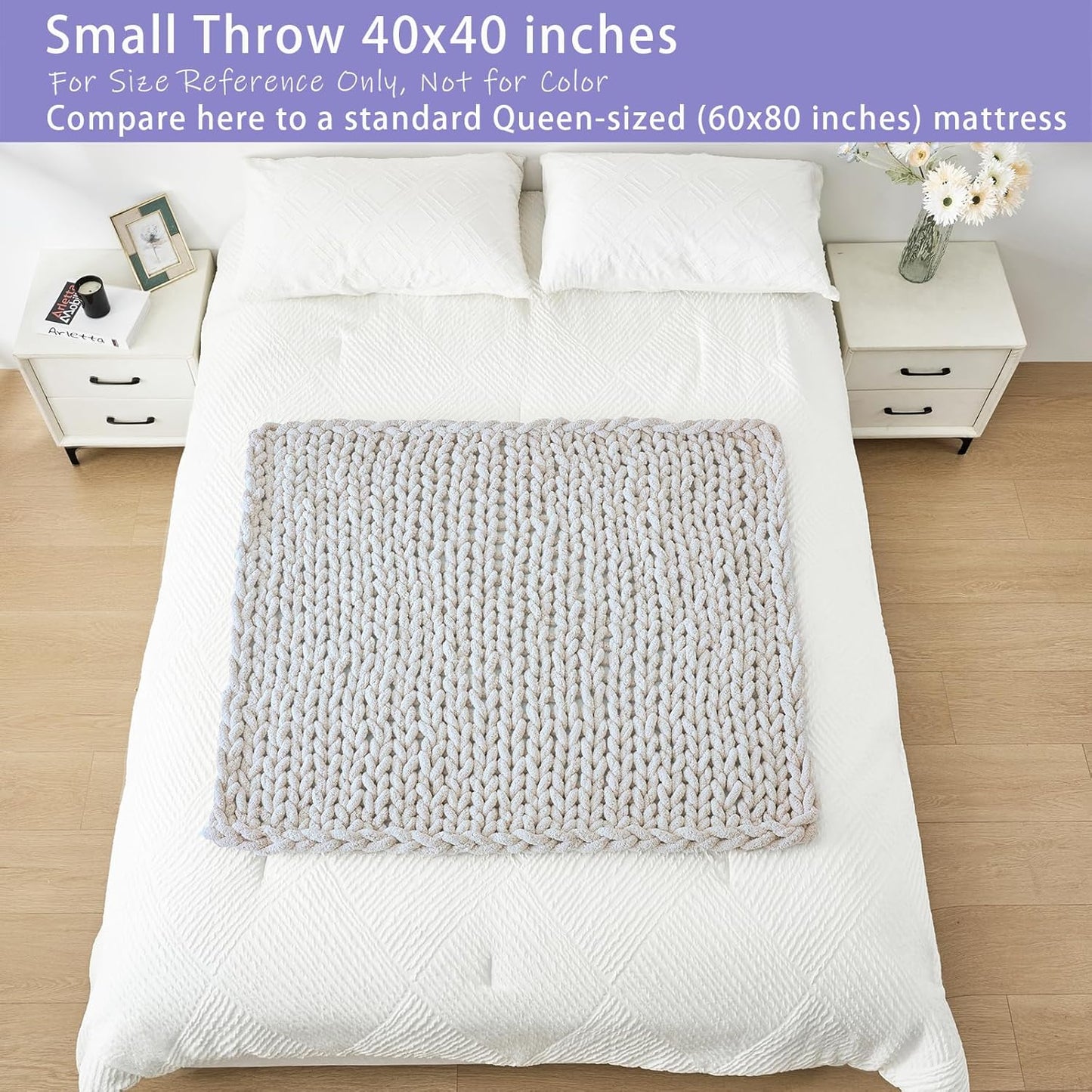 Bigacogo Chunky Knit Throw Blanket for Couch, 40x40 inches, 100% Hand Knitted with Thick Jumbo