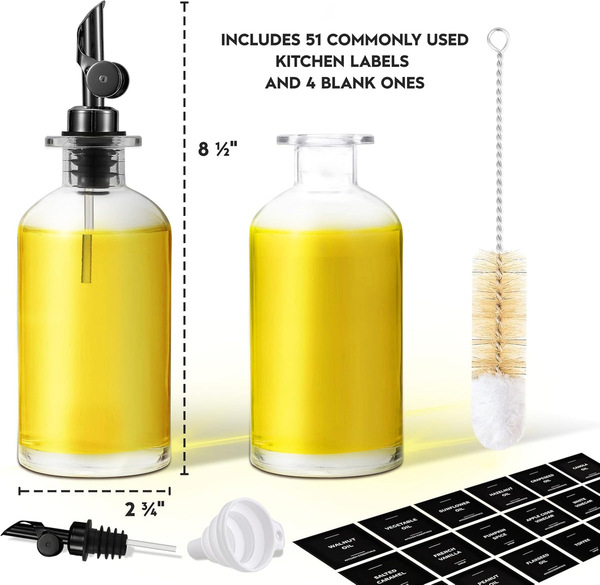 Olive Oil Dispenser Bottle - Includes 55 Kitchen Essential Labels - Cooking Oil Bottles for