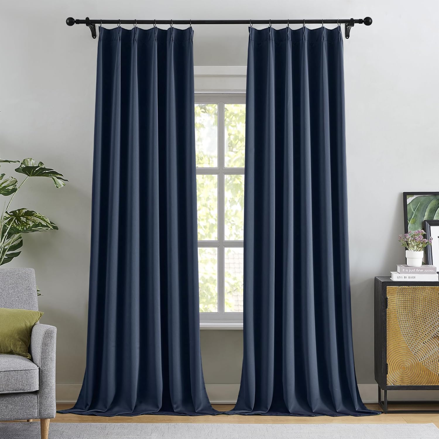 KangBang 102 Inch Blue Curtains Blackout Drapes for Living Room, Pinch Pleated Energy Saving Sound