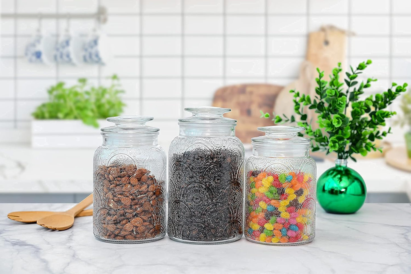 Le'raze Food Storage Containers with Airtight Lids - Retro Design - Pantry Organization, Glass