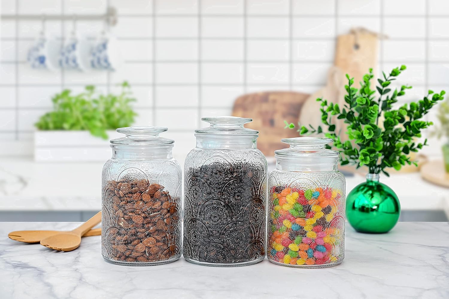 Le'raze Food Storage Containers with Airtight Lids - Retro Design - Pantry Organization, Glass