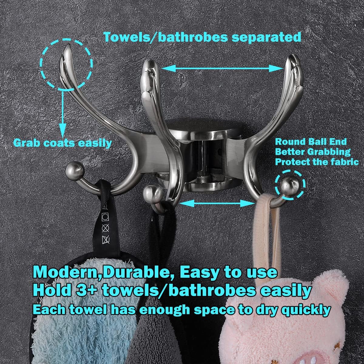 Swivel Coat Hook 2 Pack Heavy Duty Space Saving Towel Rope Hook Wall Mount Triple Swing Arms for RV