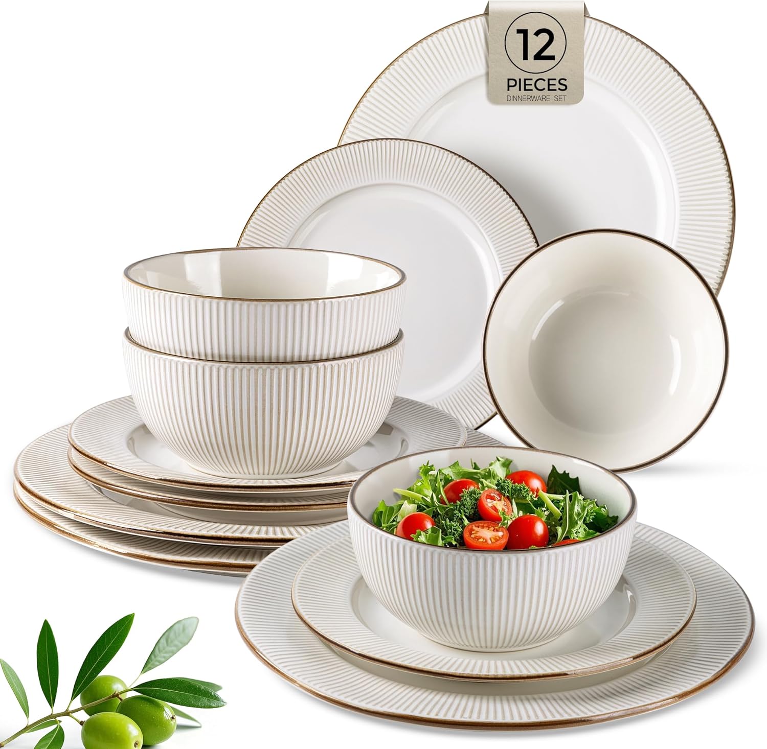 GBHOME Ceramic Dinnerware Sets,12 pcs Embossed Elegant Stoneware Plates and Bowls Sets