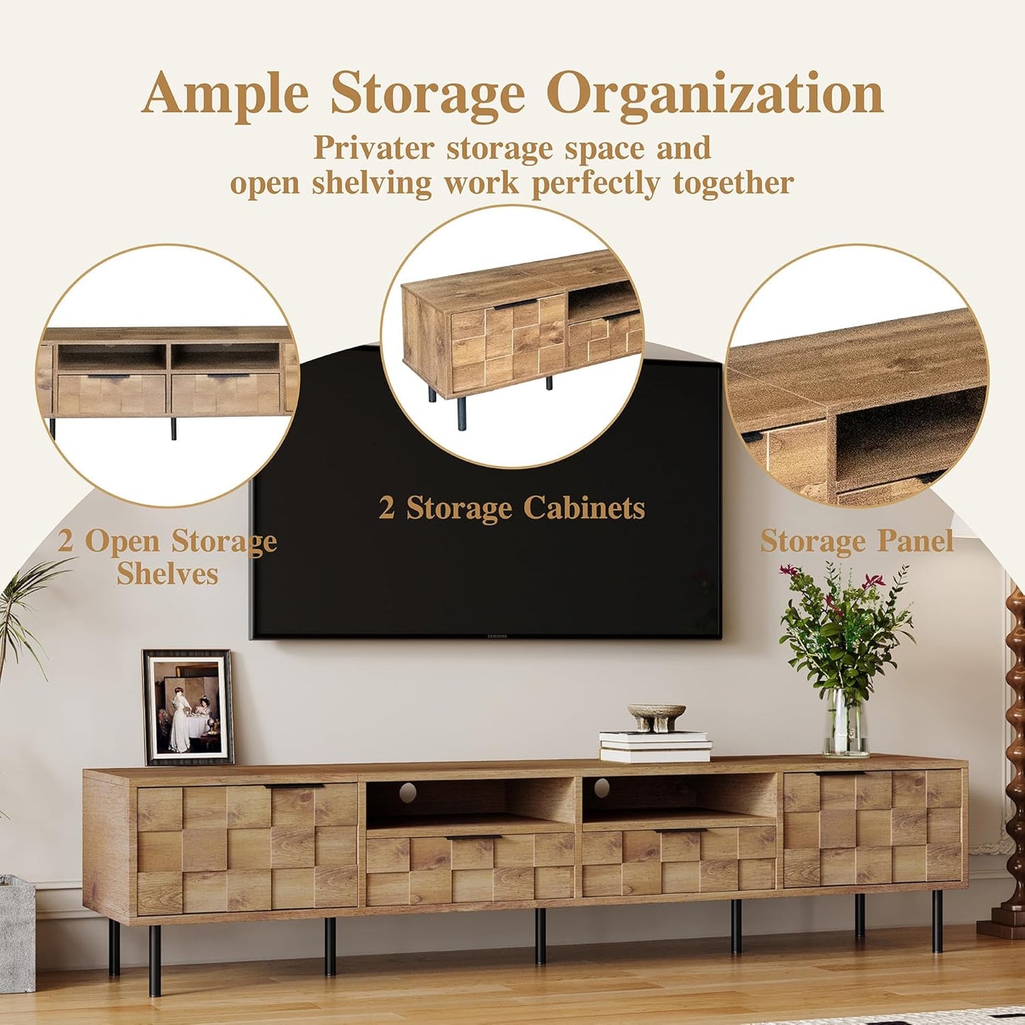 Modern TV Stand for TVs up to 85", Mid-Century Media Console with Checkered Cabinet Doors, Storage