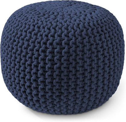 Casafield Round Pouf Ottoman, Navy Blue - 20" Diameter x 14.5" High Cotton Knit Foot Stool - Boho