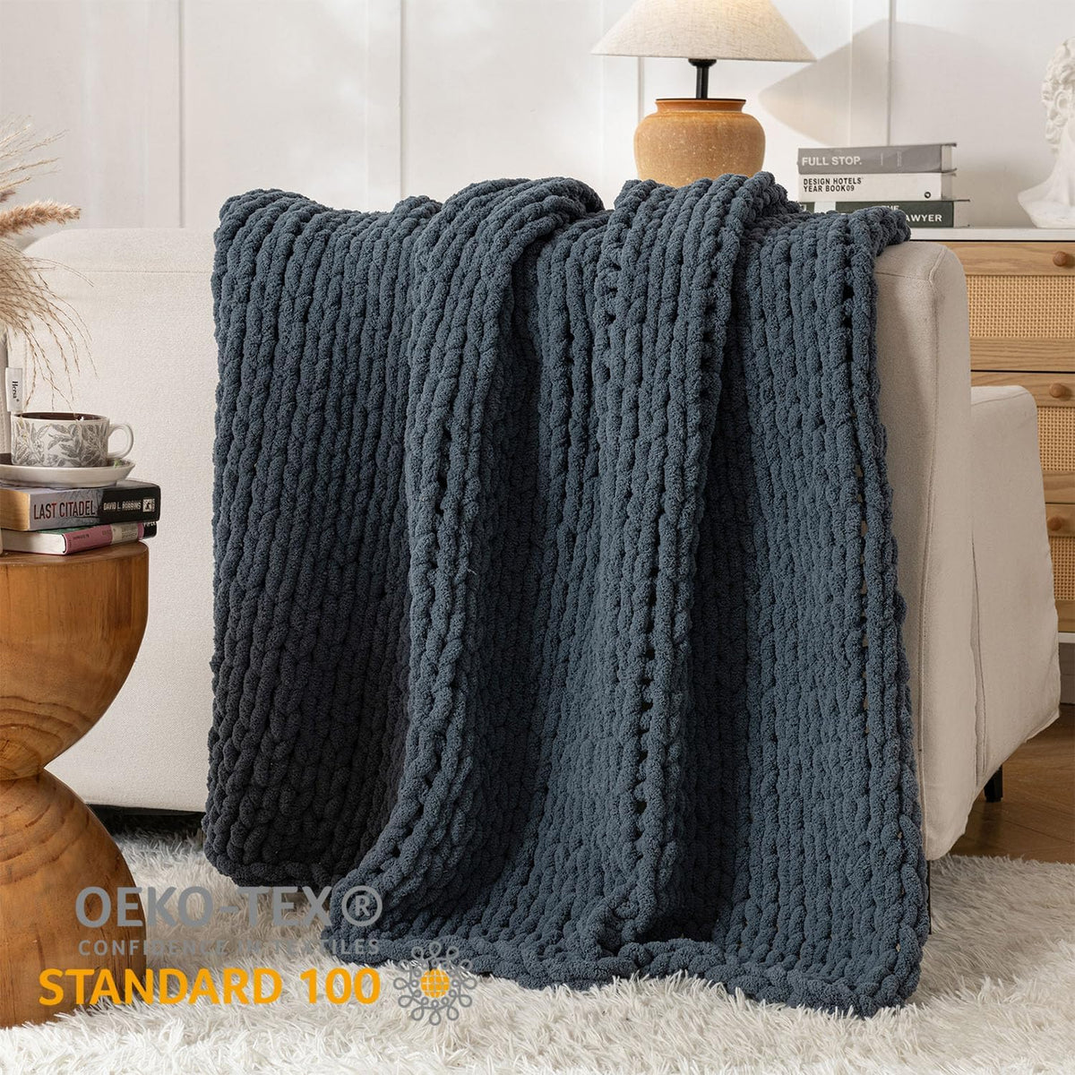 Chunky Knit Blanket Throw, 100% Hand Knit Throw Blanket Handmade Chenille Cable Knit Throw for
