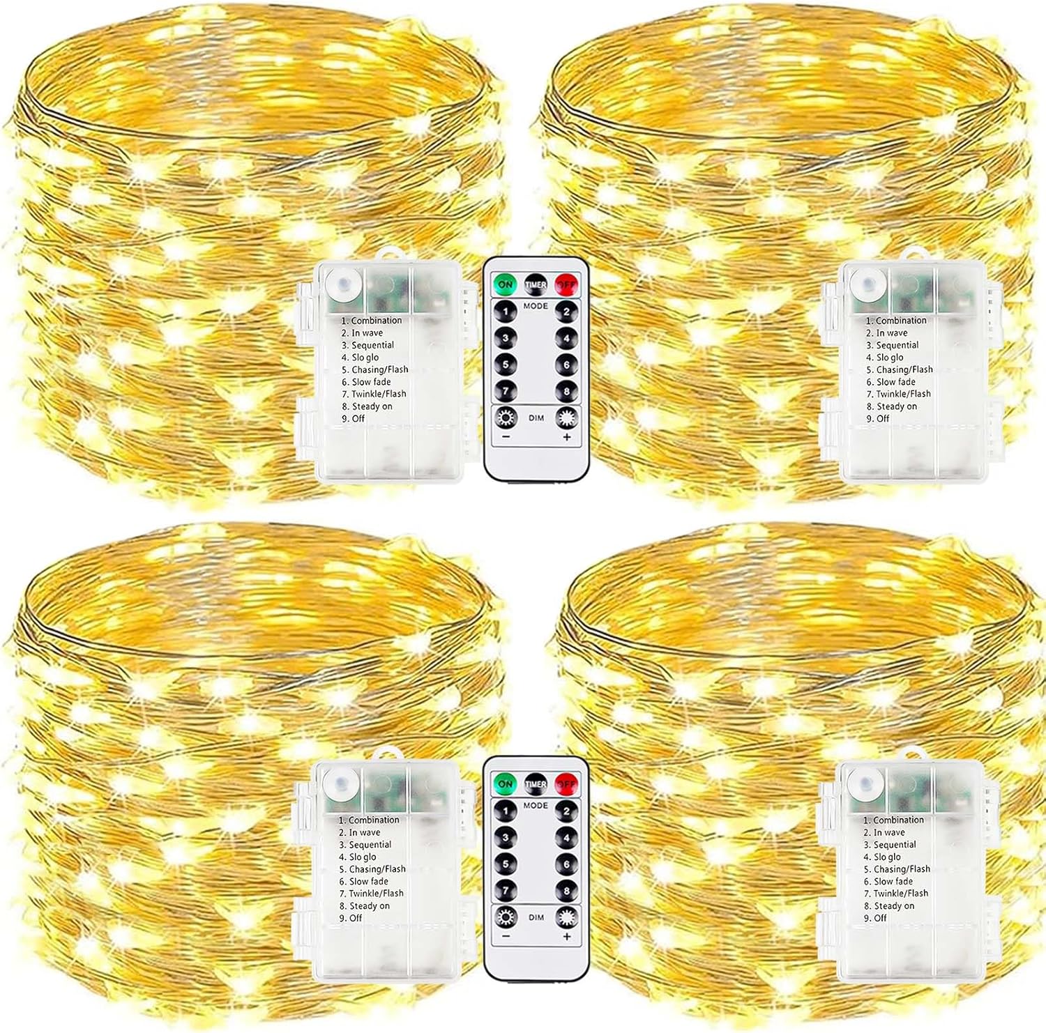 4-Pack Fairy Lights Battery Operated with Remote, Waterproof 33FT 100 LED Battery String Lights