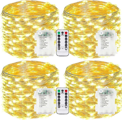 4-Pack Fairy Lights Battery Operated with Remote, Waterproof 33FT 100 LED Battery String Lights