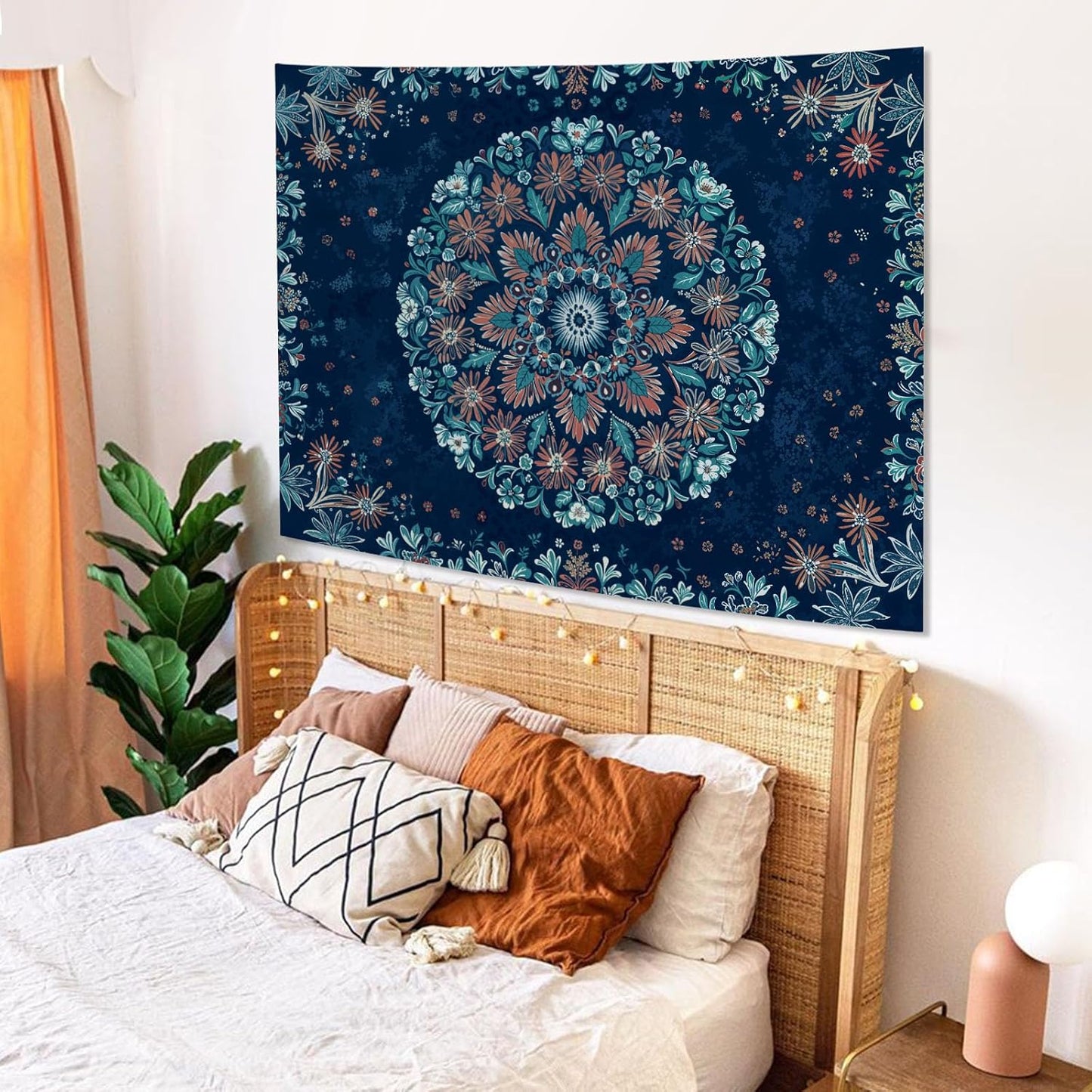 Fowocu Boho Floral Mandala Tapestry Wall Hanging Blue Bohemian Flower Medallion Tapestry Aesthetic