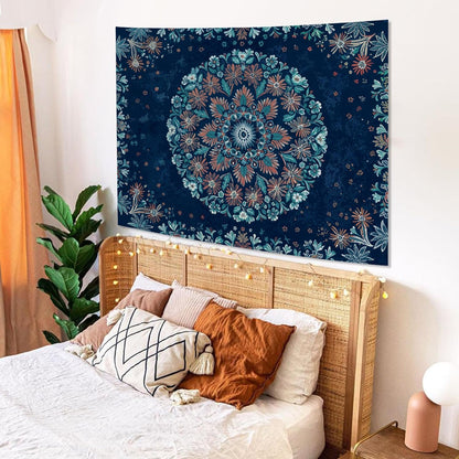 Fowocu Boho Floral Mandala Tapestry Wall Hanging Blue Bohemian Flower Medallion Tapestry Aesthetic
