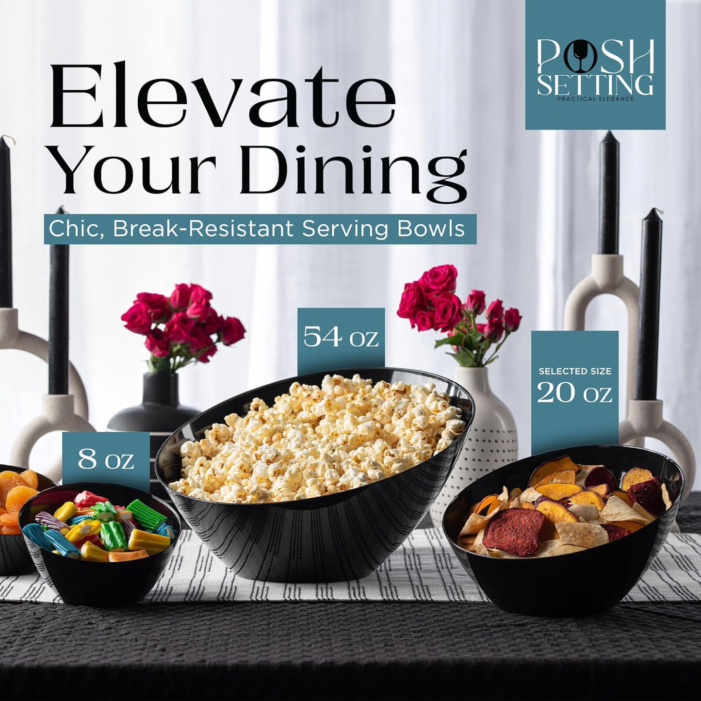 Posh Setting - Black Plastic Serving Bowls for Party - Angled, Disposable, Chip & Candy Bowls - 20
