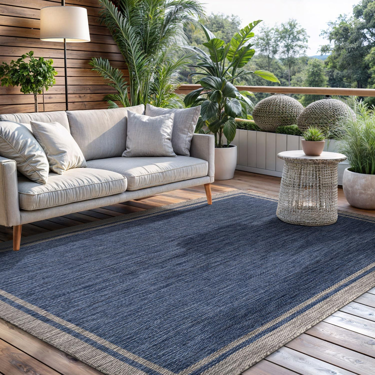 CAMILSON Outdoor Rug, 5x7 Bordered Navy Blue Gray Modern Area Rugs for Indoor and Outdoor Patios