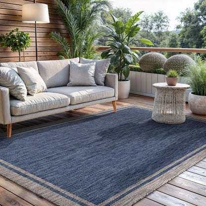 CAMILSON Outdoor Rug, 5x7 Bordered Navy Blue Gray Modern Area Rugs for Indoor and Outdoor Patios