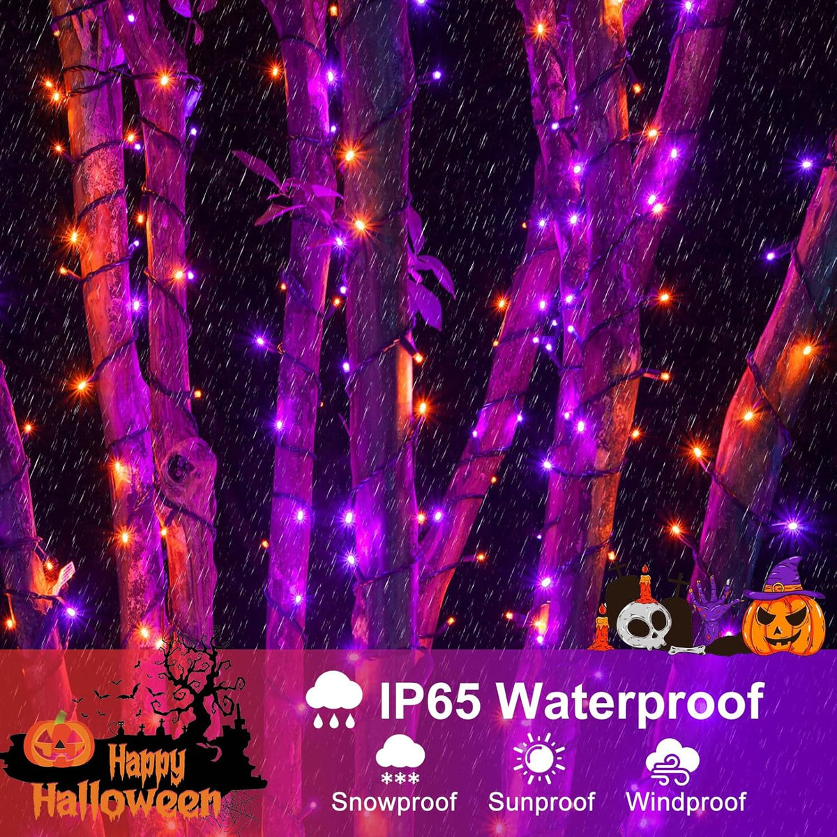 Purple Orange Halloween Lights Outdoor, 66FT 200 LED String Lights for Outside with 8 Modes