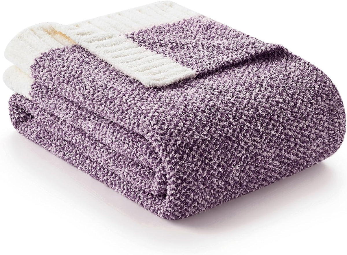 Snuggle Sac Buttery Purple Throw Blanket for Couch, Reversible Super Soft Knitted Blankets, Warm