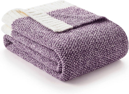 Snuggle Sac Buttery Purple Throw Blanket for Couch, Reversible Super Soft Knitted Blankets, Warm