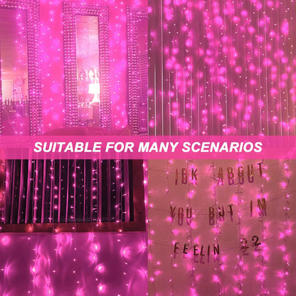 Curtain Lights, Pink Room Decor 8 Modes LED String Lights for Garden, Teen Girls' Room, Party