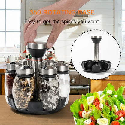 Mlici 6PC Spinning Glass Spice Jars - 360° Rotating Spice Rack Organizer with Jars, Stainless Steel