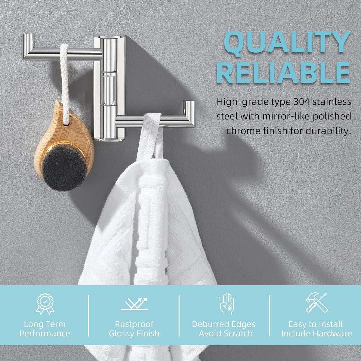 Angle Simple Towel Hook for Bathroom, SUS 304 Stainless Steel Foldable Robe Towel Holder, Wall Coat