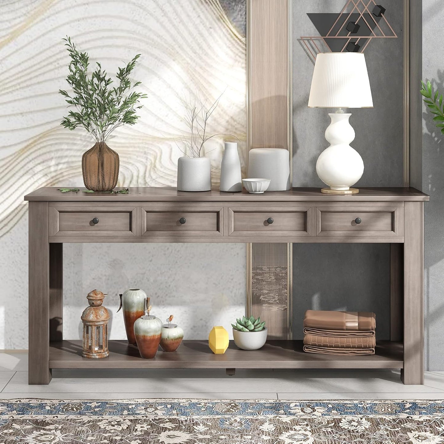 Solid Wood Console Table,Long Sofa Table Entryway Table with 4 Drawers and Bottom Shelf for Hallway