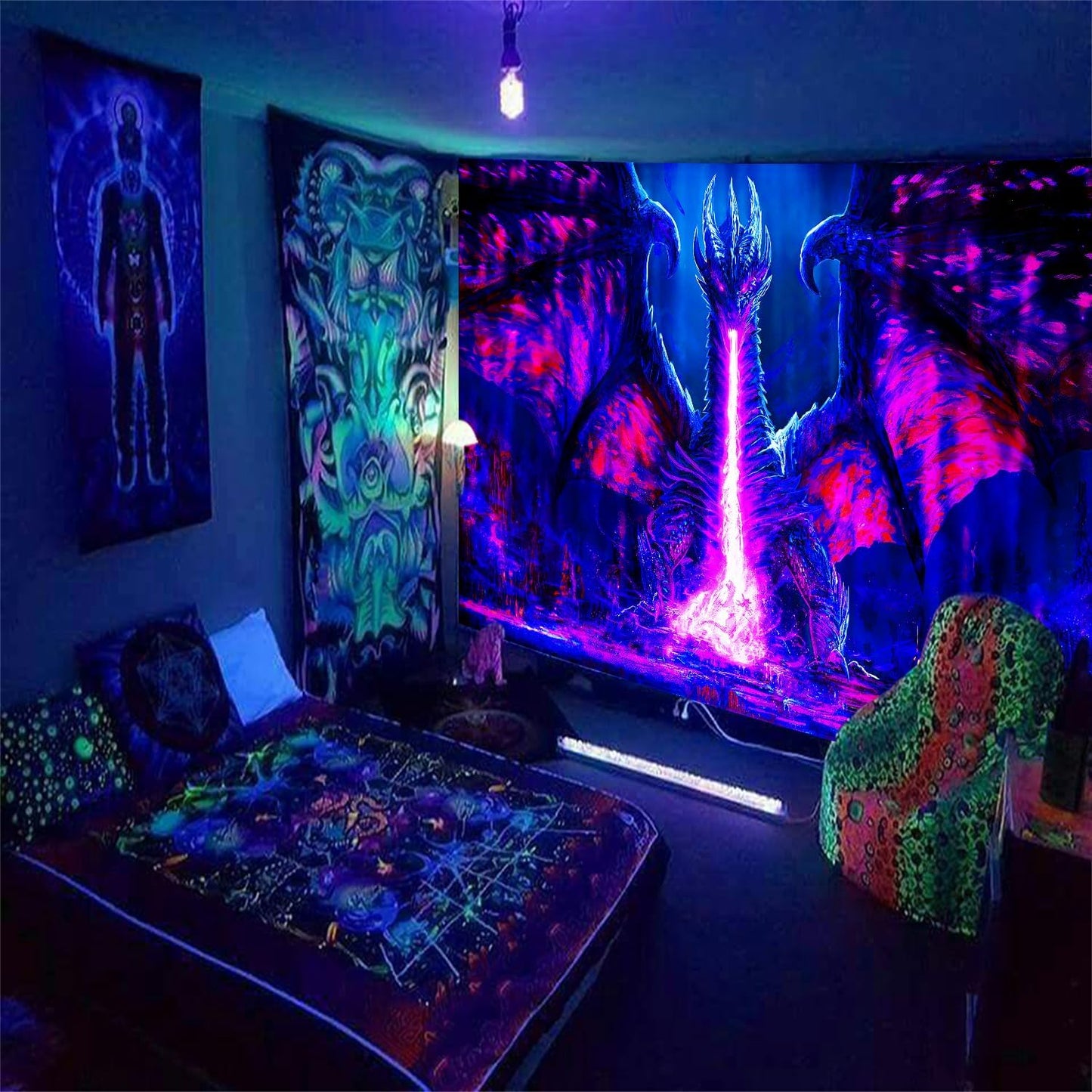 ADDWel Blacklight Dragon Tapestry, Cool Evil-Dragon Tapestry Glow In The Dark, UV Reactive Black
