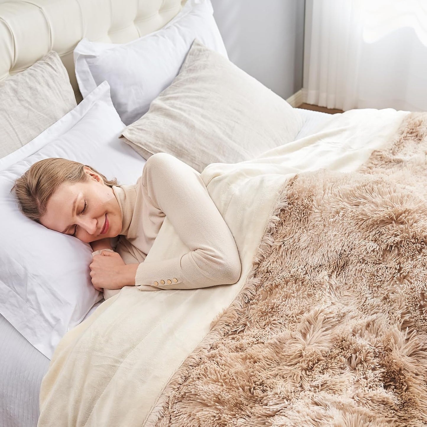 GONAAP Fuzzy Faux Fur Throw Blanket Queen Size Tie-dye Beige Super Soft Cozy Plush Fuzzy Shaggy