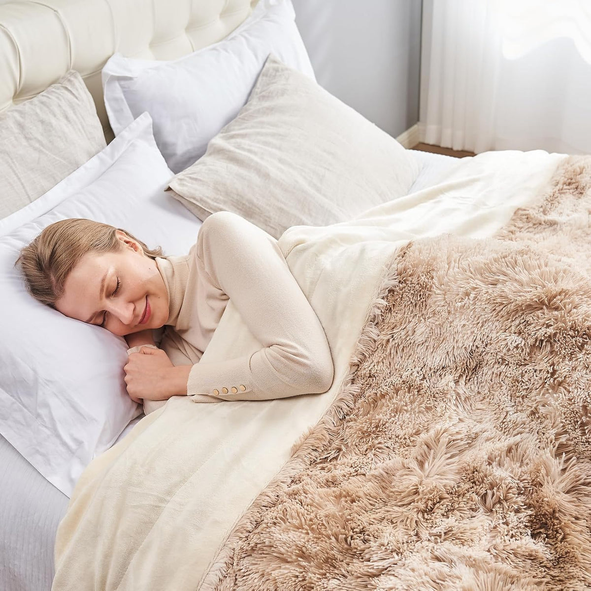 GONAAP Fuzzy Faux Fur Throw Blanket Queen Size Tie-dye Beige Super Soft Cozy Plush Fuzzy Shaggy