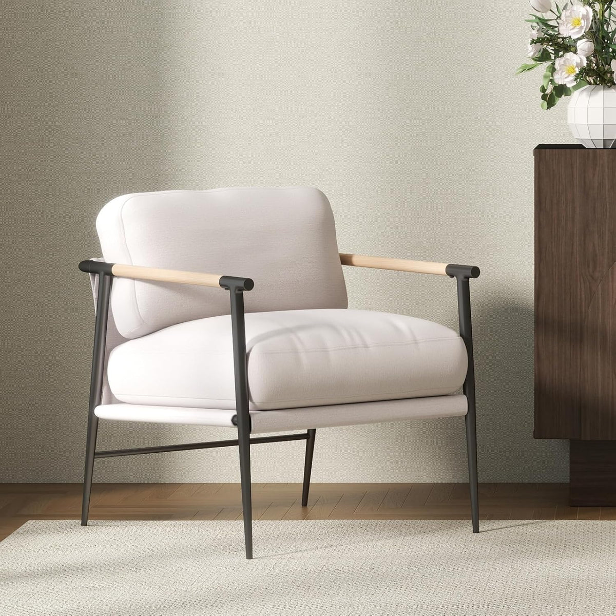 Mid-Century Accent Chair, Soft Armchair Chenille Fabric Lounge Chair with Black Metal Legs