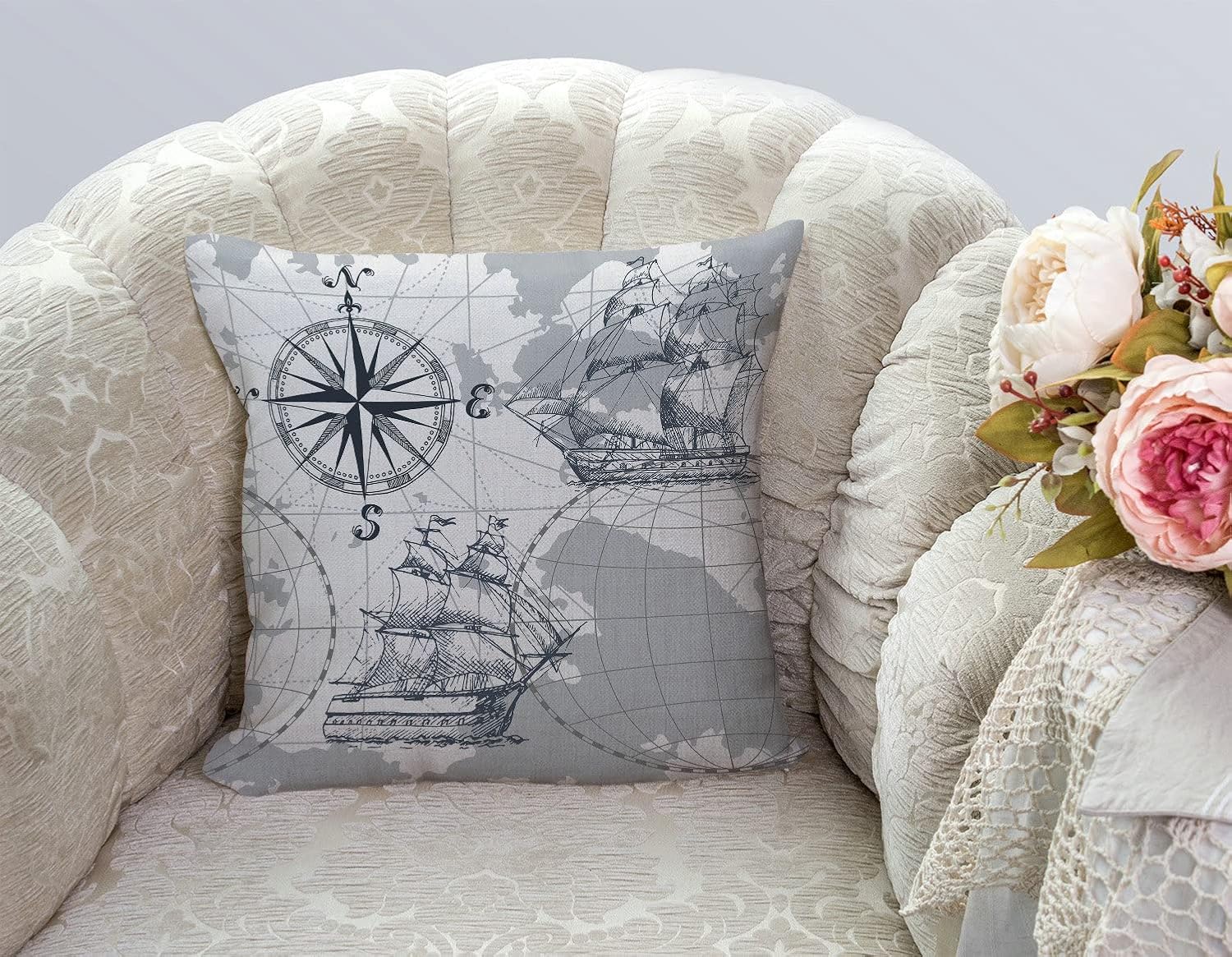 TSSOHU Nautical Sailboat Map Throw Pillow Cover Ship Anchor Cotton Linen Decorative Pillow Case