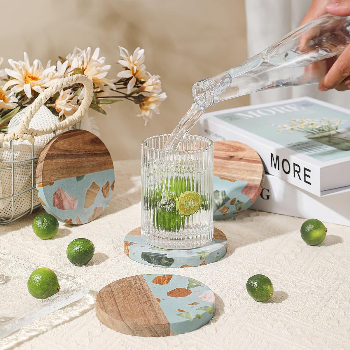 Drink Acacia Wood-Marble Coasters Set of 4,Cup Coaster for Coffee,Beverage,Cute Modern Cool