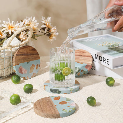 Drink Acacia Wood-Marble Coasters Set of 4,Cup Coaster for Coffee,Beverage,Cute Modern Cool