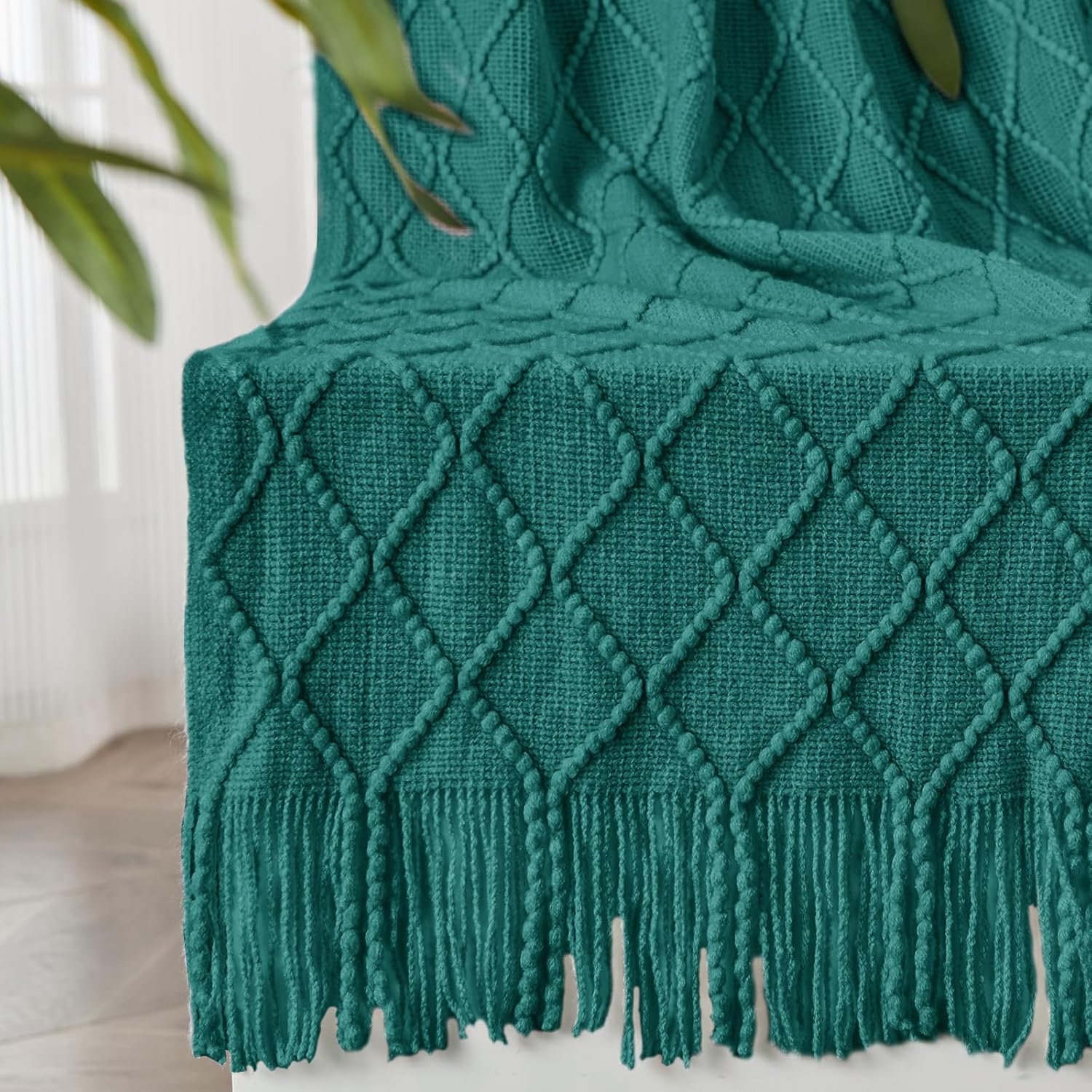 inhand Knitted Throw Blankets for Couch and Bed, Soft Cozy Knit Blanket with Tassel, Blue