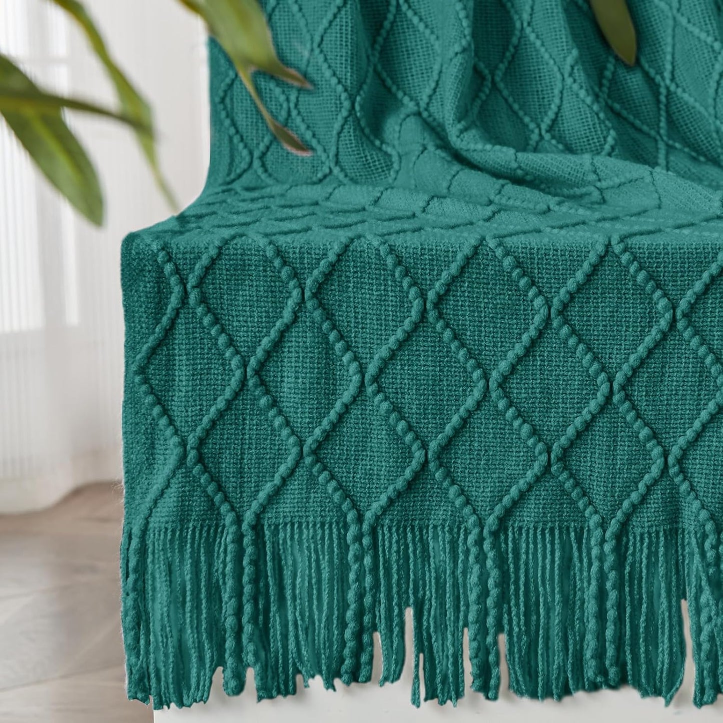 inhand Knitted Throw Blankets for Couch and Bed, Soft Cozy Knit Blanket with Tassel, Blue
