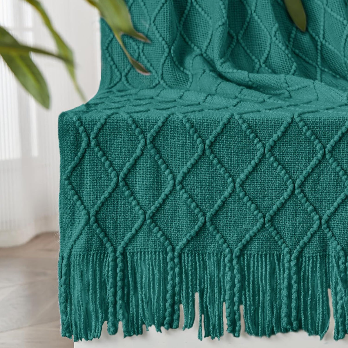 inhand Knitted Throw Blankets for Couch and Bed, Soft Cozy Knit Blanket with Tassel, Blue
