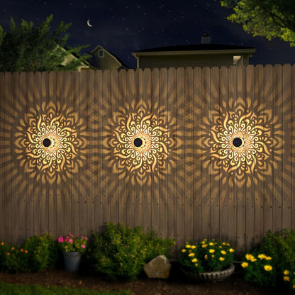 2 Pack Large Solar Fence Lights Metal Solar Powered Outdoor Wall Deck Step Lights Mandala Theme