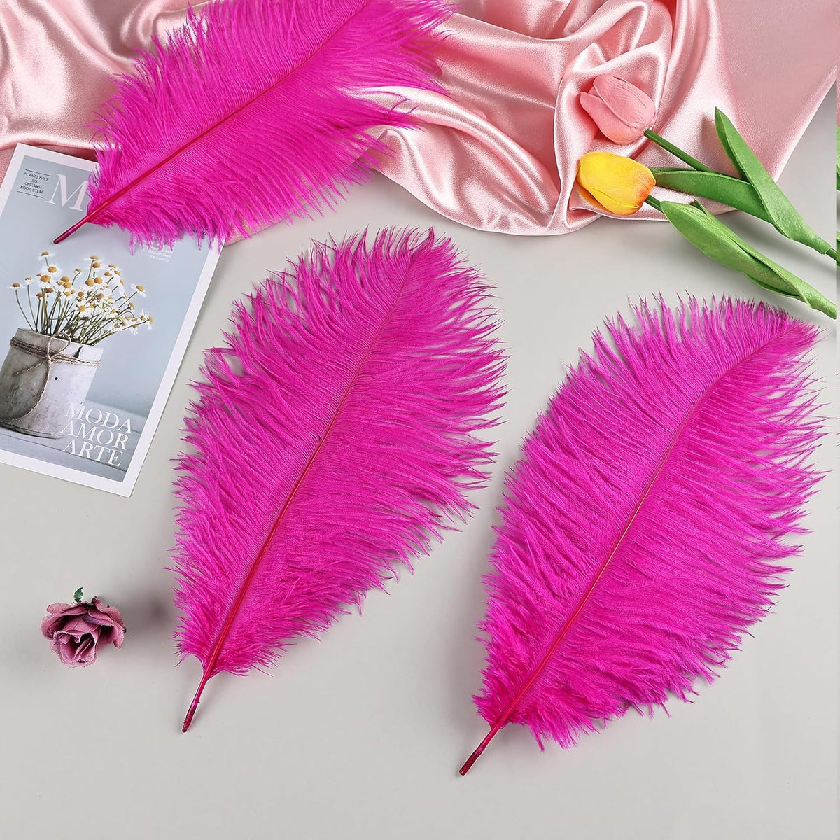 THARAHT Hot Pink Ostrich Feathers 12pcs Natural Bulk 10-12Inch 25cm-30cm for Crafts Wedding Party
