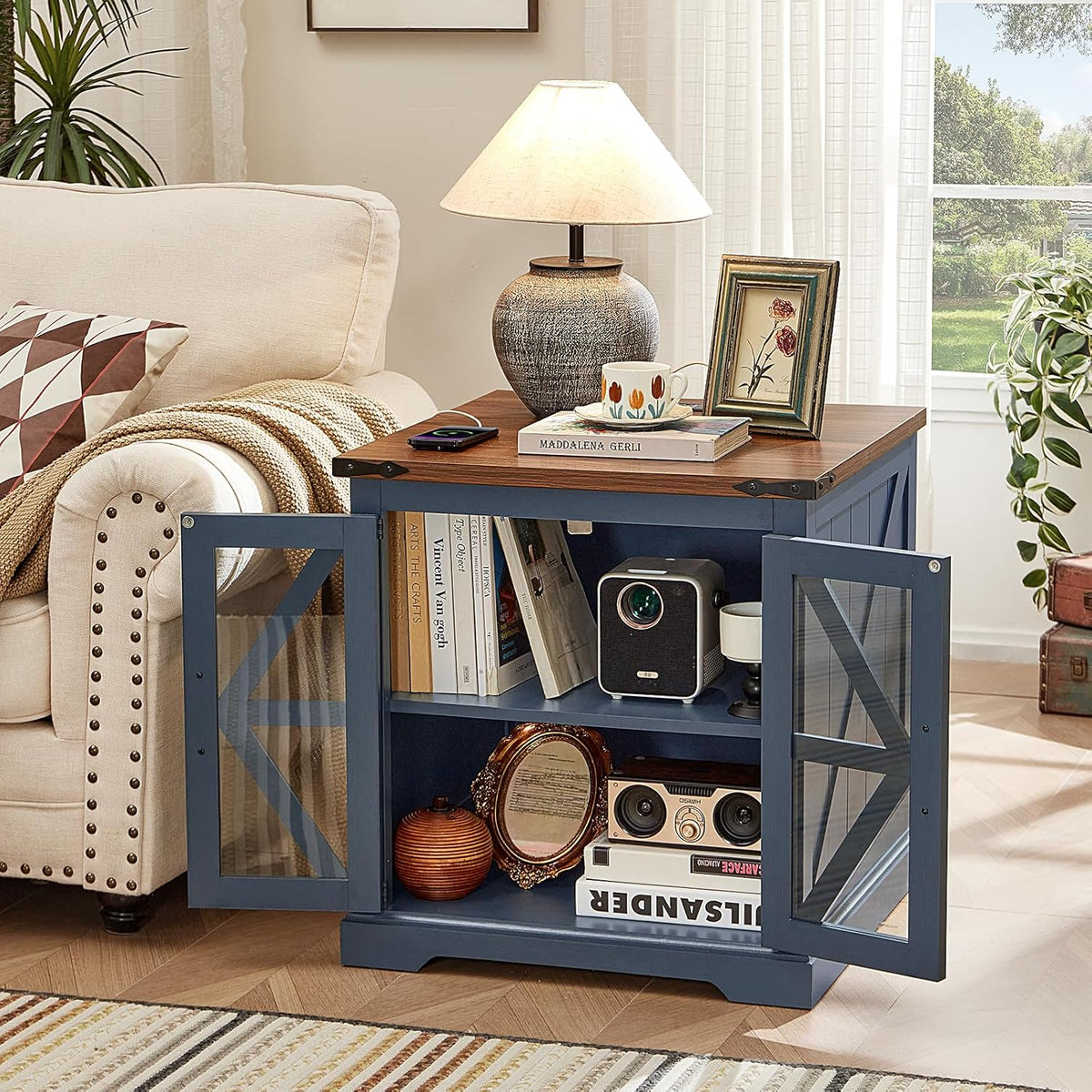 Farmhouse End Table Set of 2 with Charging Station, 24" Large Sofa Side Table with Glass Barn Door