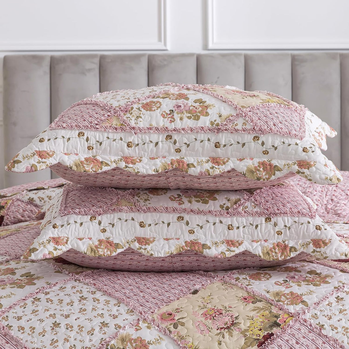 NEWLAKE Quilt Set Queen Size, Bedspread Sets Pink Botanical Floral, Reversible Quilt Bedding Set