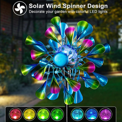 60'' Wind Spinner with Color Glass Ball Solar Lights, Green Peacock Feathers Metal Garden Outdoor
