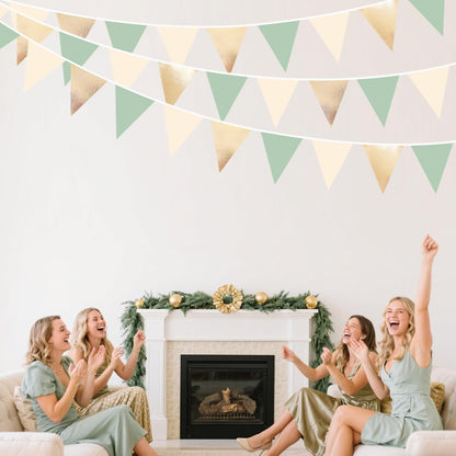Sage Green Beige Champagne Gold Party Decorations Metallic Fabric Triangle Pennant Banner Bunting