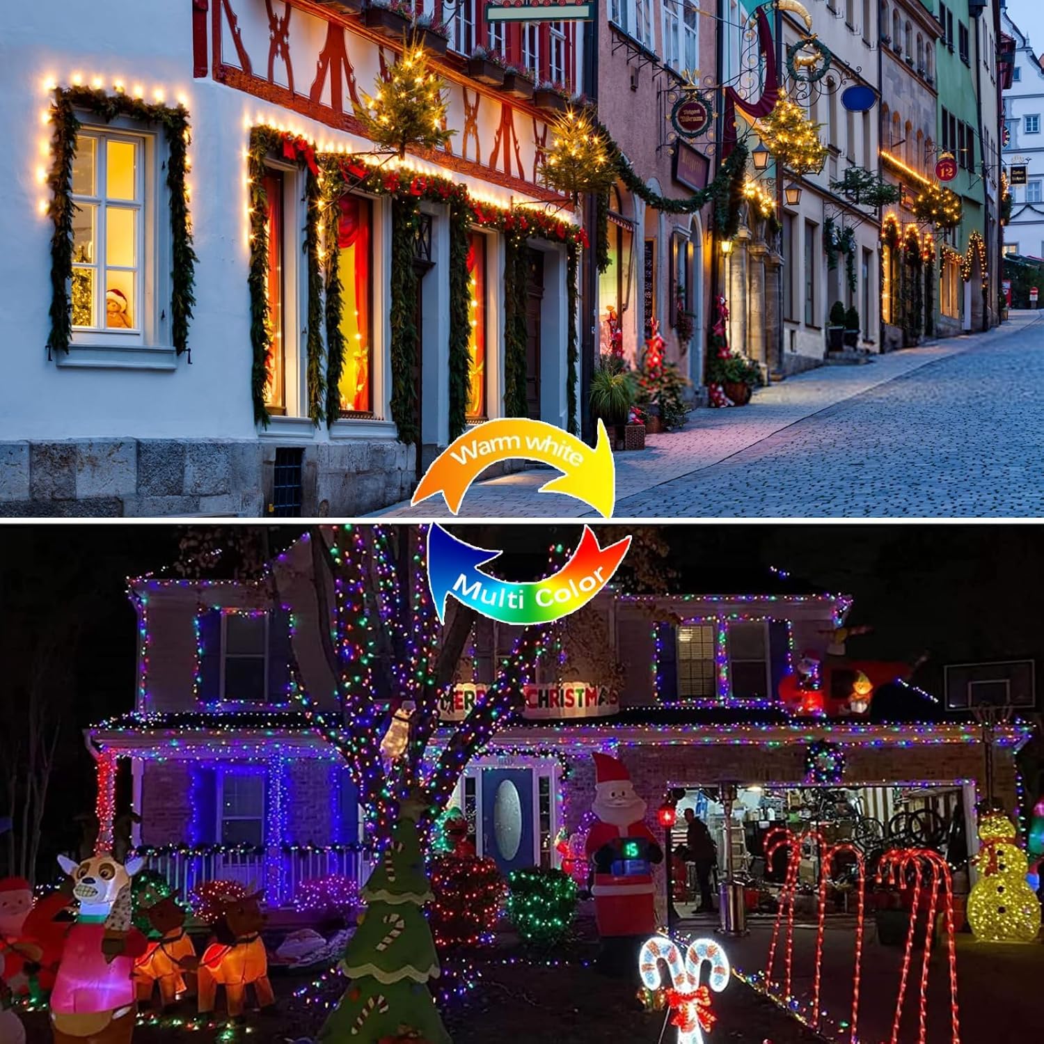 (Warm White ⇋ Multicolor) Solar Christmas String Lights Outdoor, 2-Pack 80FT 200 LED Waterproof