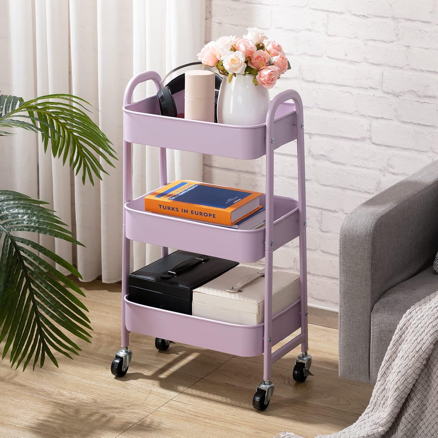 AGTEK Makeup Cart, Movable Rolling Organizer Cart, 3 Tier Metal Utility Cart with Lockable Wheels